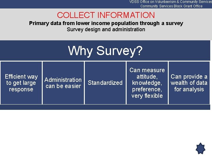 VDSS Office on Volunteerism & Community Services Block Grant Office COLLECT INFORMATION Primary data
