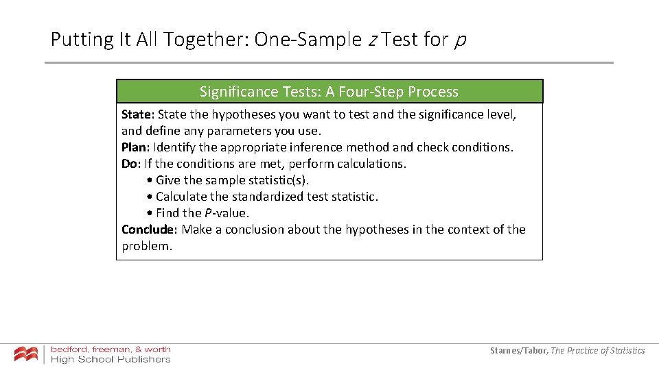 Putting It All Together: One-Sample z Test for p Significance Tests: A Four-Step Process Putting It All Together: One-Sample z Test for p Significance Tests: A Four-Step Process