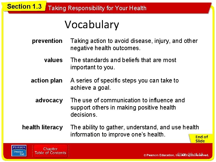 Section 1. 3 Taking Responsibility for Your Health Vocabulary prevention values action plan advocacy