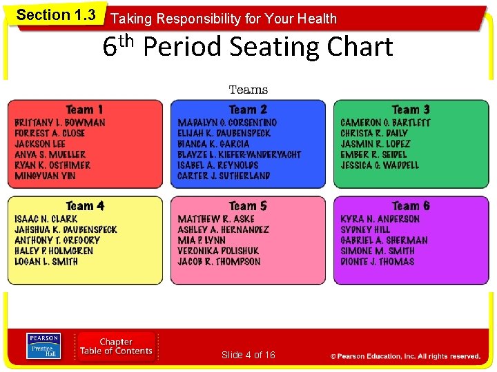 Section 1. 3 Taking Responsibility for Your Health 6 th Period Seating Chart Slide