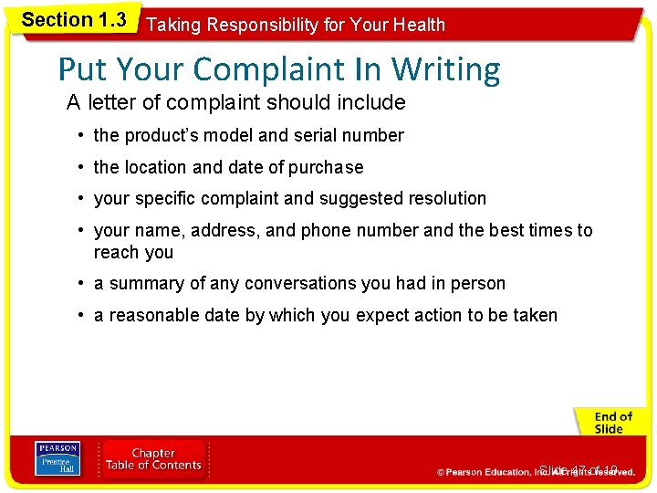 Section 1. 3 Taking Responsibility for Your Health Put Your Complaint In Writing A
