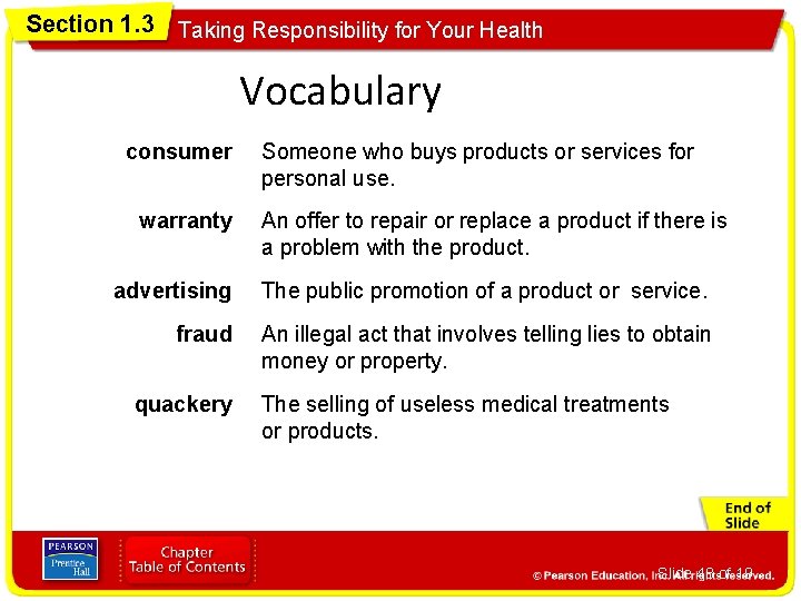 Section 1. 3 Taking Responsibility for Your Health Vocabulary consumer warranty Someone who buys