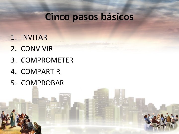 Cinco pasos básicos 1. 2. 3. 4. 5. INVITAR CONVIVIR COMPROMETER COMPARTIR COMPROBAR 