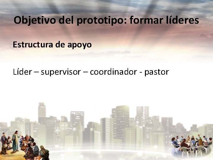 Objetivo del prototipo: formar líderes Estructura de apoyo Líder – supervisor – coordinador -