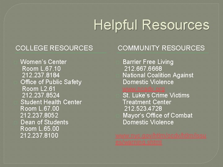 Helpful Resources COLLEGE RESOURCES � � Women’s Center Room L. 67. 10 212. 237.