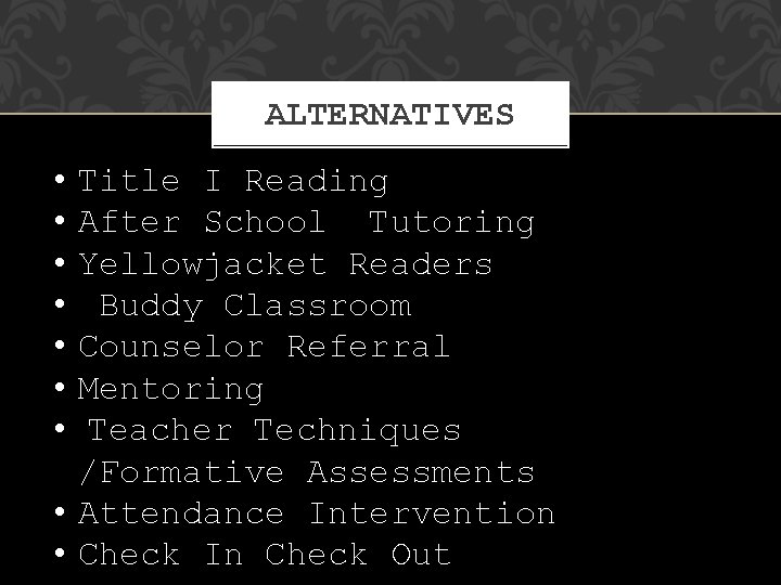 ALTERNATIVES • • Title I Reading After School Tutoring Yellowjacket Readers Buddy Classroom Counselor