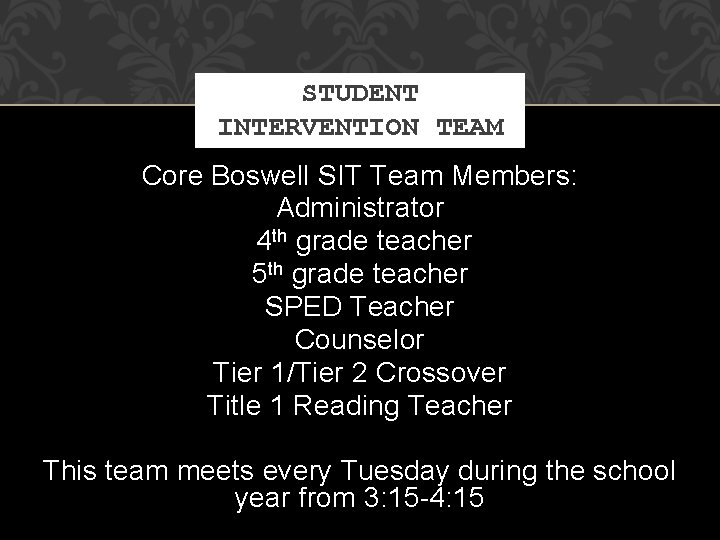 STUDENT INTERVENTION TEAM Core Boswell SIT Team Members: Administrator 4 th grade teacher 5