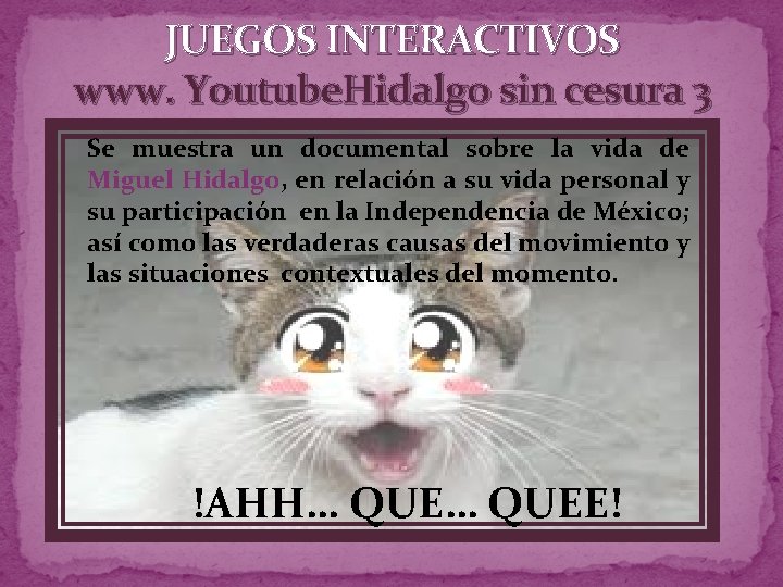 JUEGOS INTERACTIVOS www. Youtube. Hidalgo sin cesura 3 Se muestra un documental sobre la