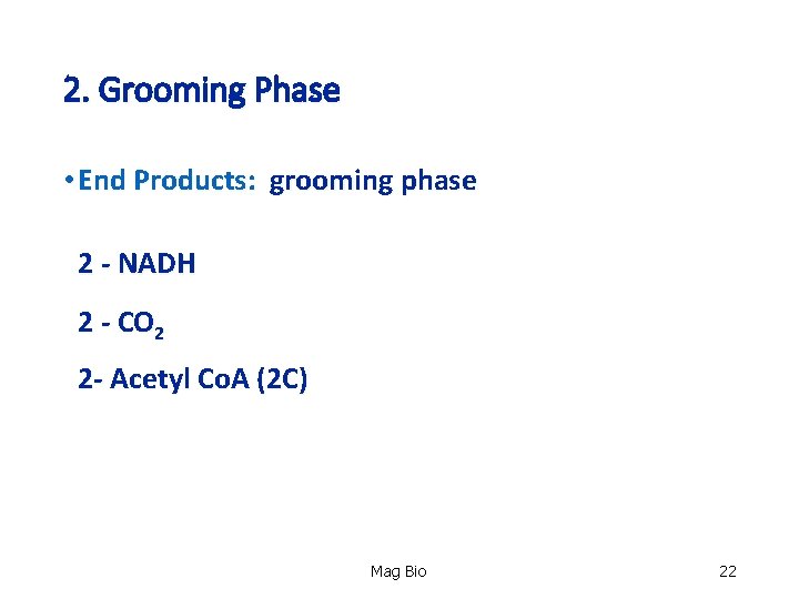 2. Grooming Phase • End Products: grooming phase 2 - NADH 2 - CO