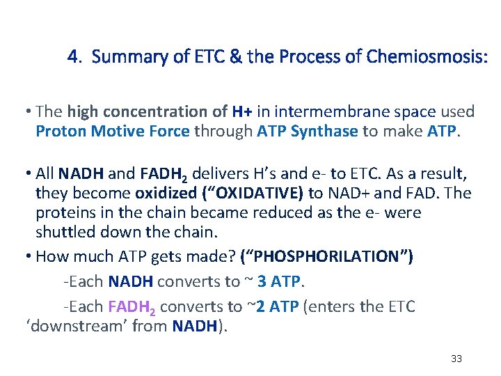 4. Summary of ETC & the Process of Chemiosmosis: • The high concentration of