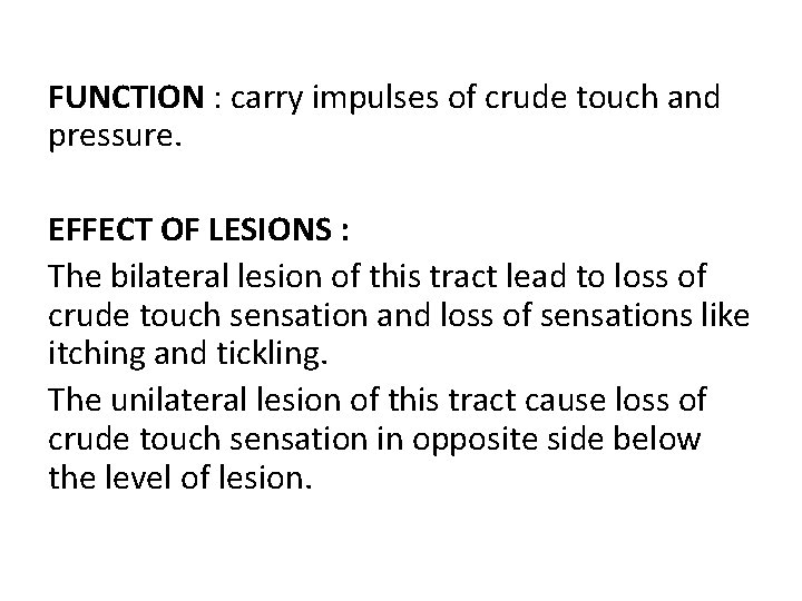 FUNCTION : carry impulses of crude touch and pressure. EFFECT OF LESIONS : The