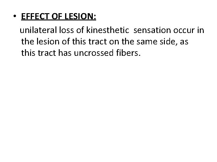  • EFFECT OF LESION: unilateral loss of kinesthetic sensation occur in the lesion