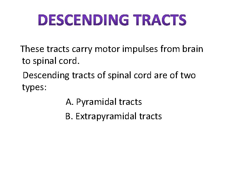These tracts carry motor impulses from brain to spinal cord. Descending tracts of spinal