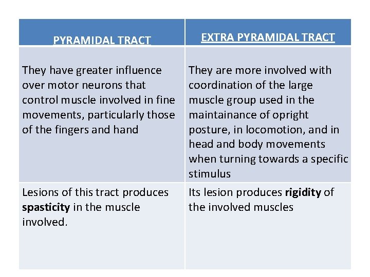 PYRAMIDAL TRACT EXTRA PYRAMIDAL TRACT They have greater influence over motor neurons that control