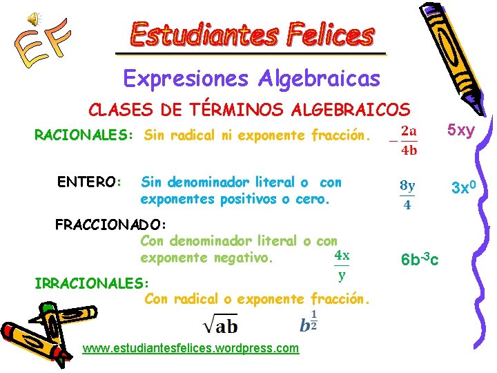 Expresiones Algebraicas CLASES DE TÉRMINOS ALGEBRAICOS RACIONALES: Sin radical ni exponente fracción. ENTERO: Sin