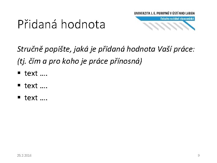 Přidaná hodnota Stručně popište, jaká je přidaná hodnota Vaší práce: (tj. čím a pro