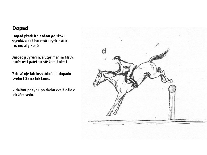 Dopad předních nohou po skoku vyvolává náhlou ztrátu rychlosti a rovnováhy koně. Jezdec ji