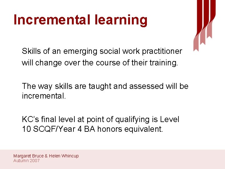 Incremental learning Skills of an emerging social work practitioner will change over the course