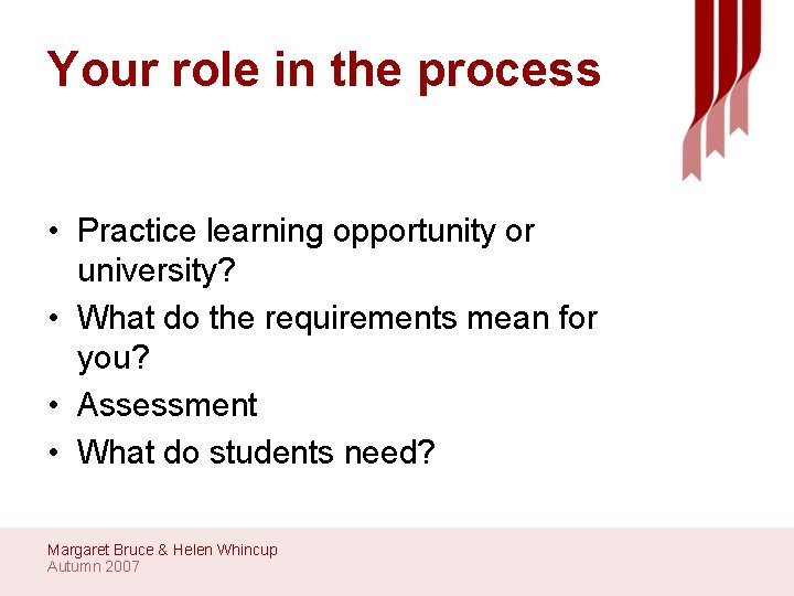Your role in the process • Practice learning opportunity or university? • What do