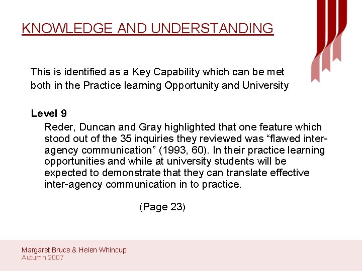 KNOWLEDGE AND UNDERSTANDING This is identified as a Key Capability which can be met