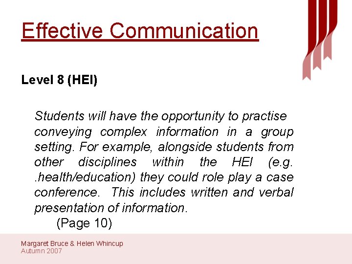 Effective Communication Level 8 (HEI) Students will have the opportunity to practise conveying complex