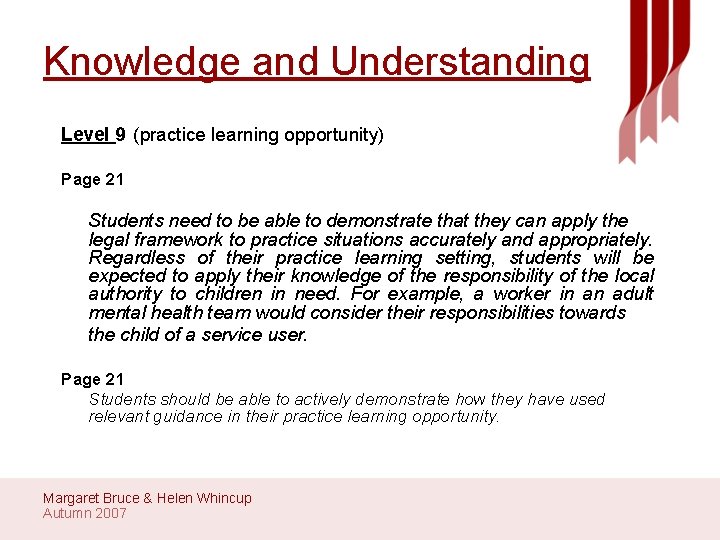 Knowledge and Understanding Level 9 (practice learning opportunity) Page 21 Students need to be