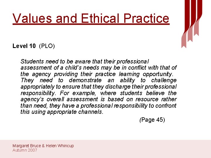 Values and Ethical Practice Level 10 (PLO) Students need to be aware that their