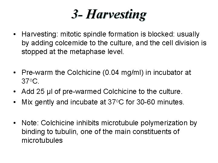 3 - Harvesting • Harvesting: mitotic spindle formation is blocked: usually by adding colcemide