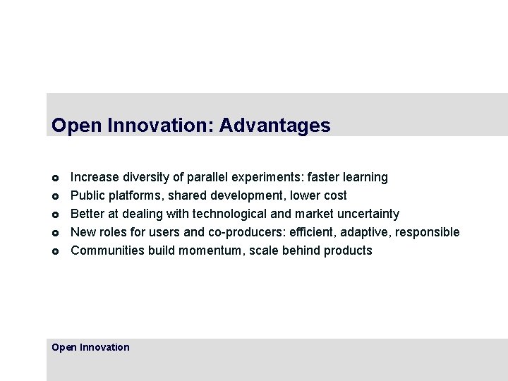 Open Innovation: Advantages £ £ £ Increase diversity of parallel experiments: faster learning Public