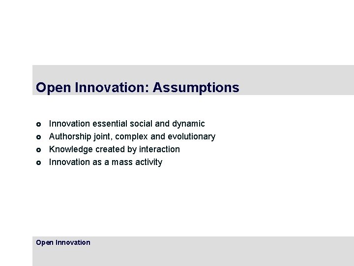 Open Innovation: Assumptions £ £ Innovation essential social and dynamic Authorship joint, complex and