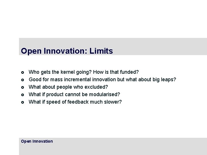 Open Innovation: Limits £ £ £ Who gets the kernel going? How is that