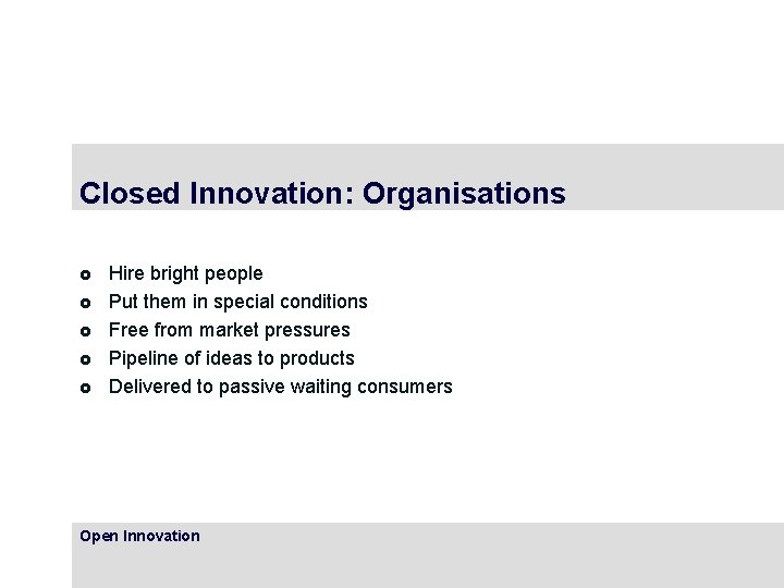 Closed Innovation: Organisations £ £ £ Hire bright people Put them in special conditions