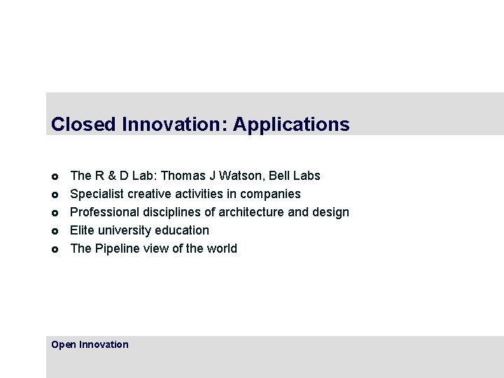 Closed Innovation: Applications £ £ £ The R & D Lab: Thomas J Watson,