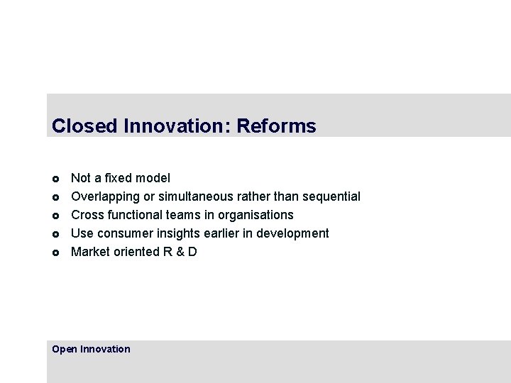 Closed Innovation: Reforms £ £ £ Not a fixed model Overlapping or simultaneous rather