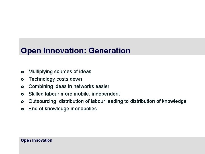 Open Innovation: Generation £ £ £ Multiplying sources of ideas Technology costs down Combining