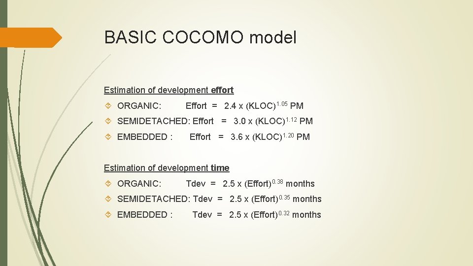 BASIC COCOMO model Estimation of development effort ORGANIC: Effort = 2. 4 x (KLOC)1.