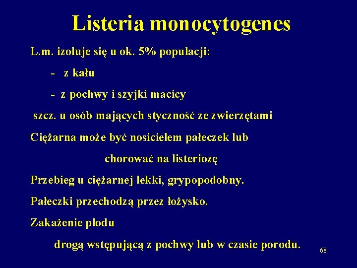 Listeria monocytogenes L. m. izoluje się u ok. 5% populacji: - z kału -