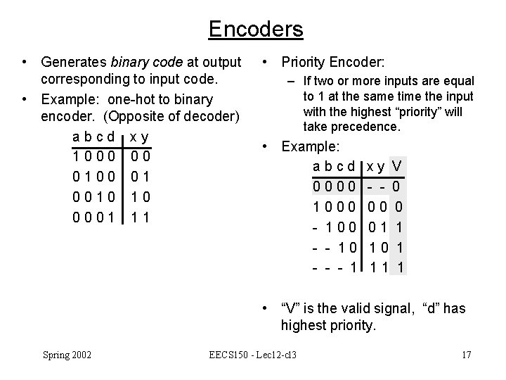 Encoders • Generates binary code at output corresponding to input code. • Example: one-hot