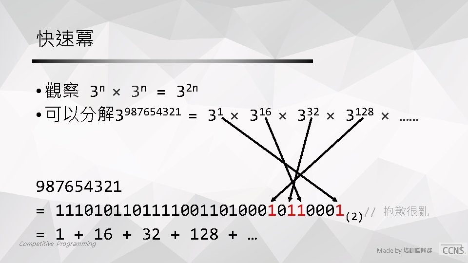 快速冪 • 觀察 3 n × 3 n = 32 n • 可以分解 3987654321