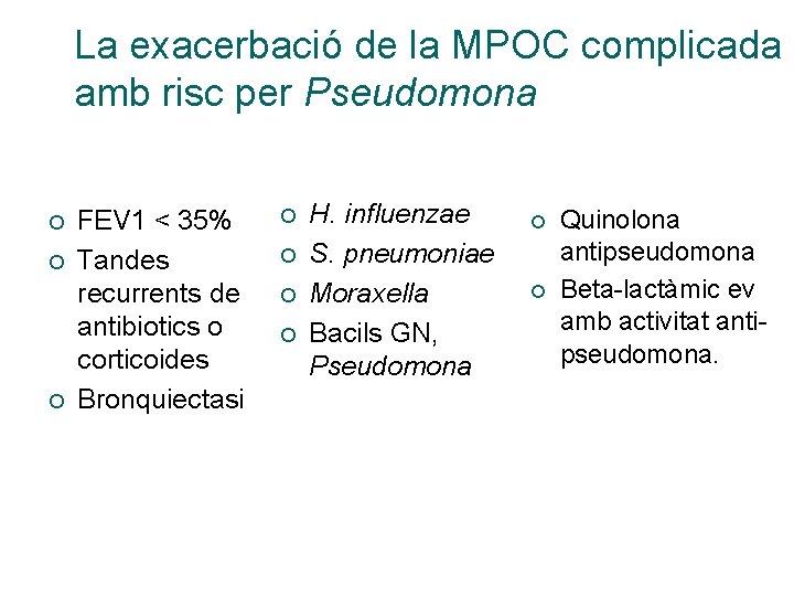 La exacerbació de la MPOC complicada amb risc per Pseudomona ¡ ¡ ¡ FEV