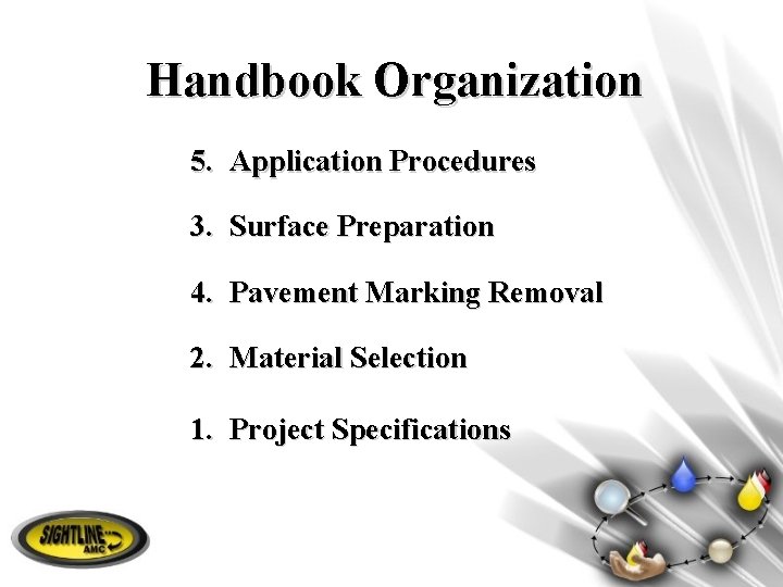 Handbook Organization 5. Application Procedures 3. Surface Preparation 4. Pavement Marking Removal 2. Material