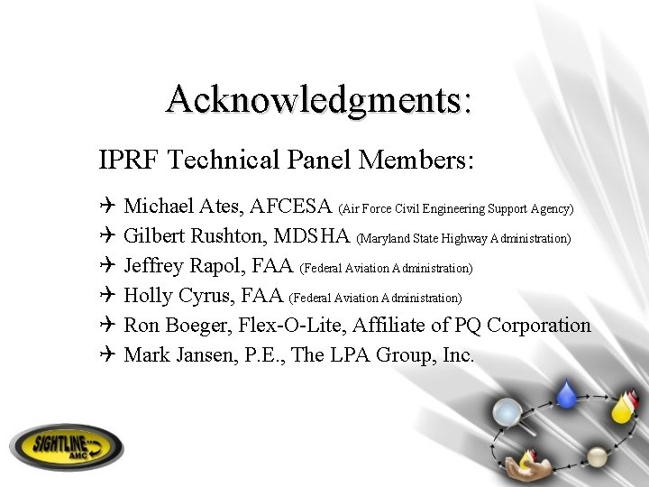 Acknowledgments: IPRF Technical Panel Members: Q Michael Ates, AFCESA (Air Force Civil Engineering Support
