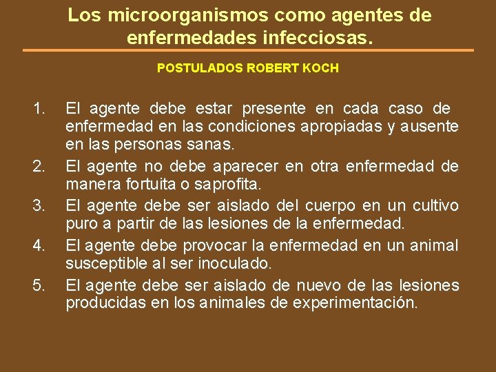 Los microorganismos como agentes de enfermedades infecciosas. POSTULADOS ROBERT KOCH 1. 2. 3. 4.