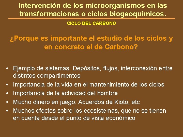 Intervención de los microorganismos en las transformaciones o ciclos biogeoquímicos. CICLO DEL CARBONO ¿Porque