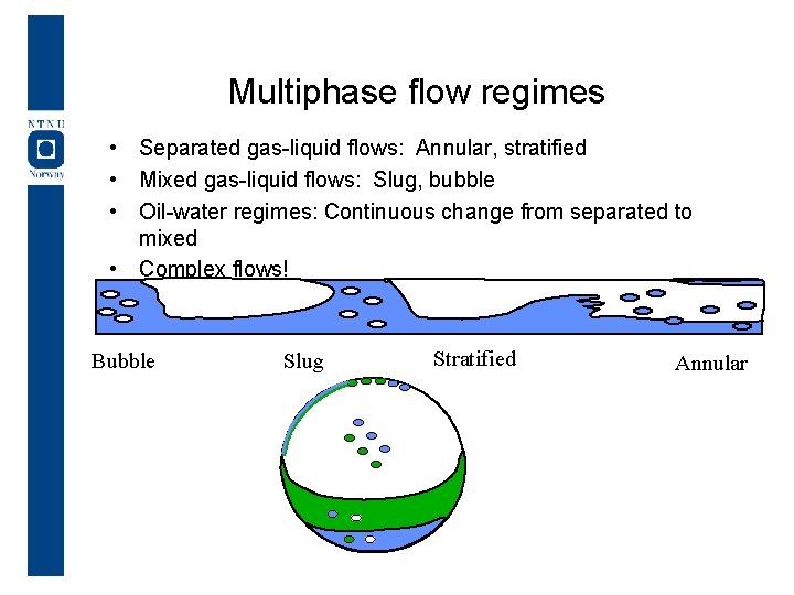 Multiphase flow regimes • Separated gas-liquid flows: Annular, stratified • Mixed gas-liquid flows: Slug,
