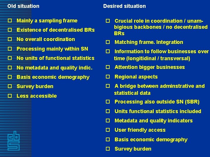 Old situation o Mainly a sampling frame o Existence of decentralised BRs o No