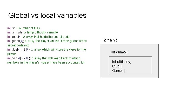 Global vs local variables int dif; // number of tries int difficulty; // temp