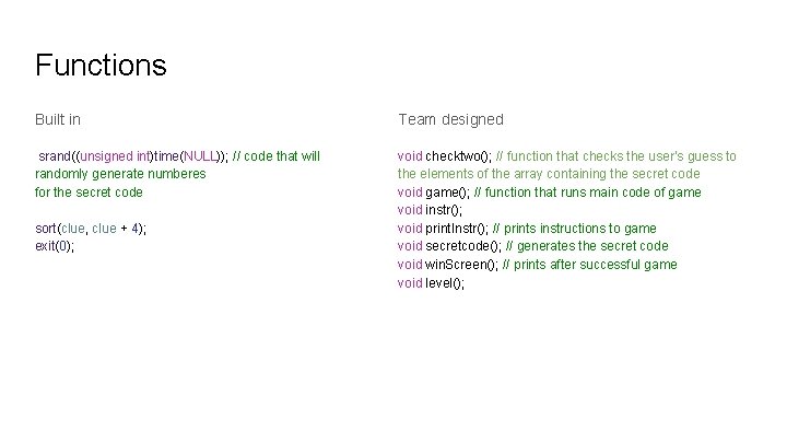 Functions Built in Team designed srand((unsigned int)time(NULL)); // code that will randomly generate numberes