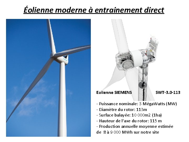 Éolienne moderne à entrainement direct Eolienne SIEMENS SWT-3. 0 -113 - Puissance nominale: 3