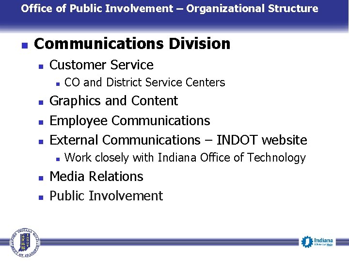 Office of Public Involvement – Organizational Structure n Communications Division n Customer Service n